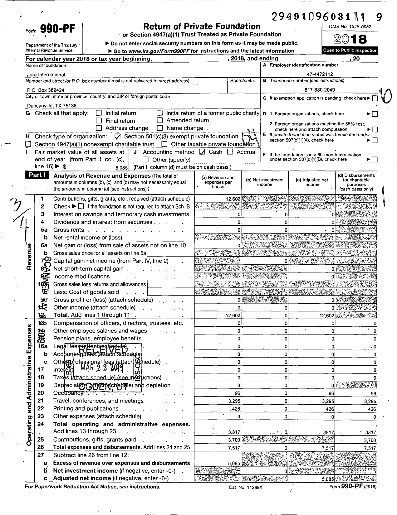 Image of first page of 2018 Form 990PF for Jura International