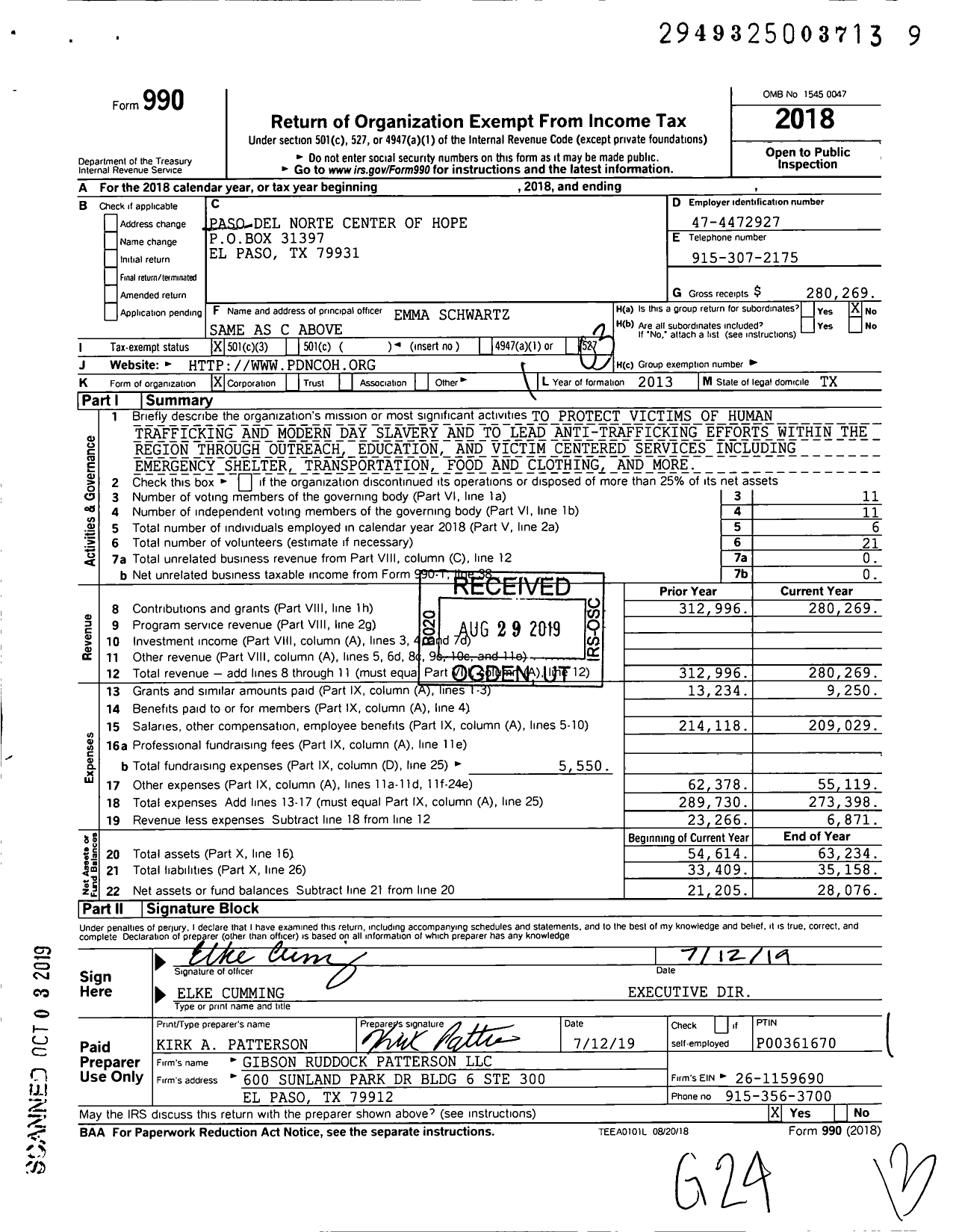 Image of first page of 2018 Form 990 for Paso Del Norte Center of Hope