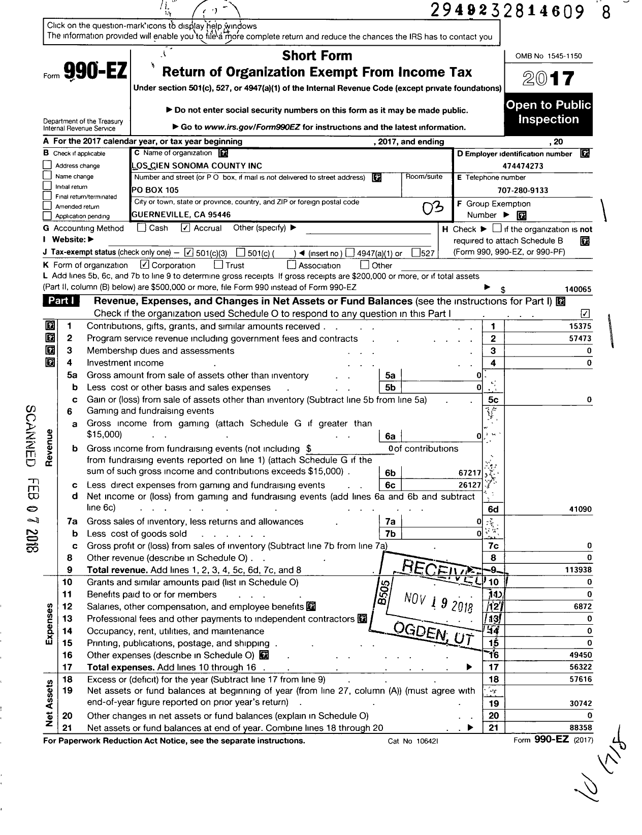 Image of first page of 2017 Form 990EZ for Los Cien Sonoma County