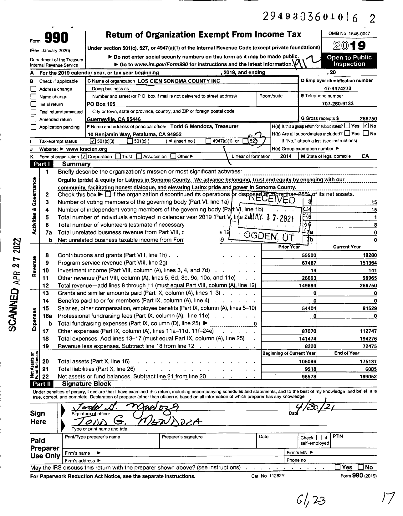 Image of first page of 2019 Form 990 for Los Cien Sonoma County