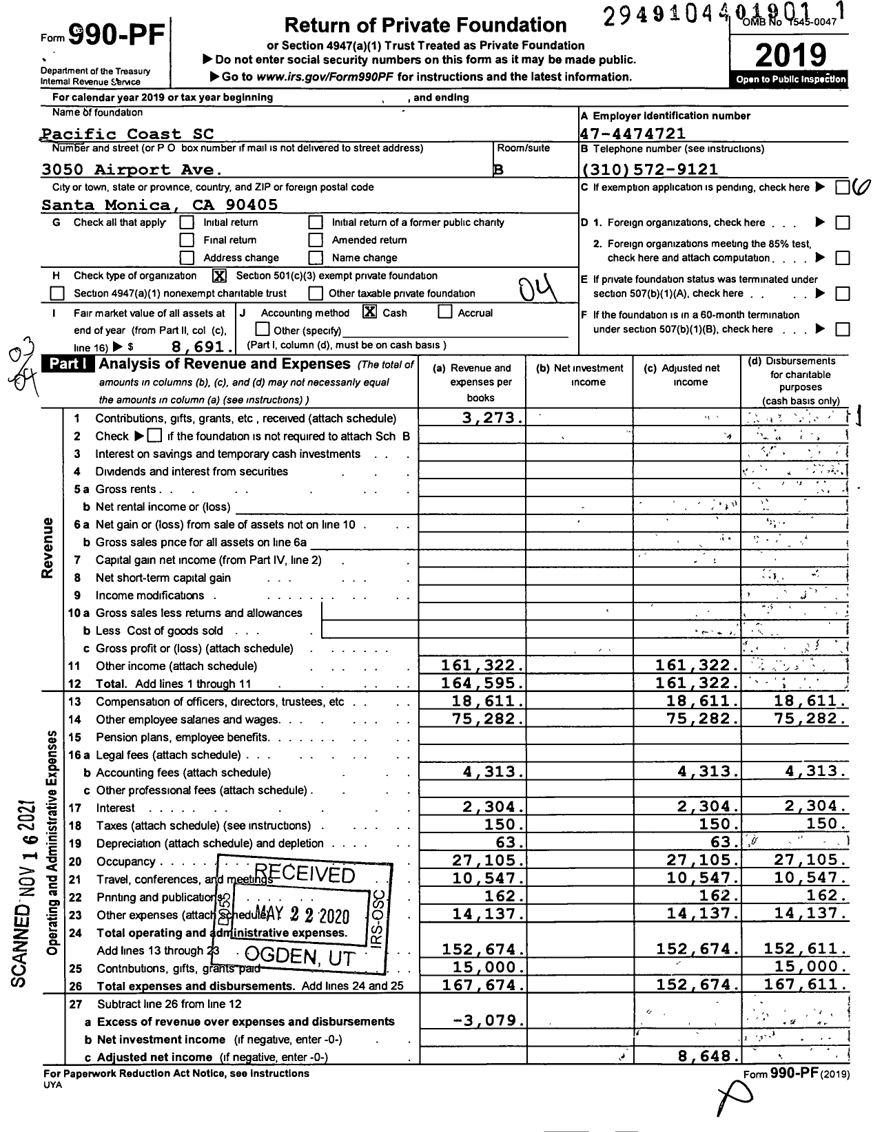 Image of first page of 2019 Form 990PF for Pacific Coast SC