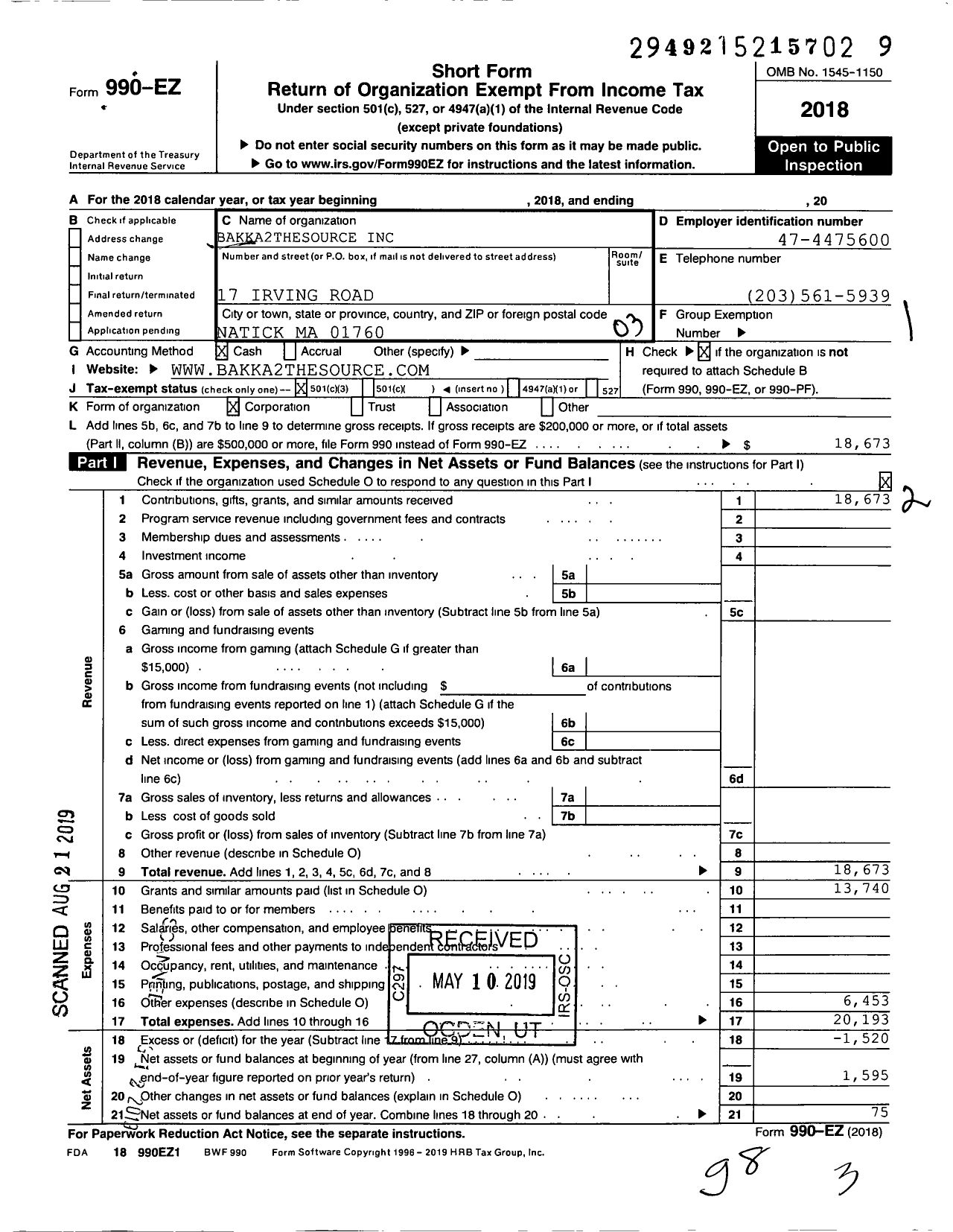 Image of first page of 2018 Form 990EZ for Bakka2thesource