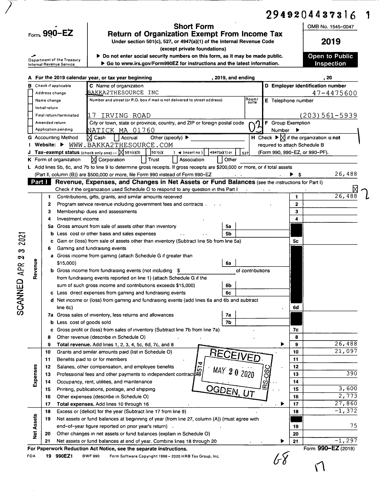 Image of first page of 2019 Form 990EZ for Bakka2thesource