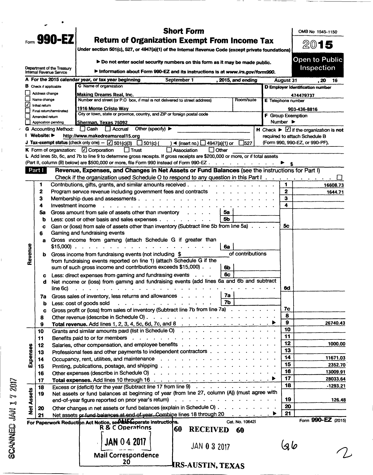 Image of first page of 2015 Form 990EZ for Making Dreams Real