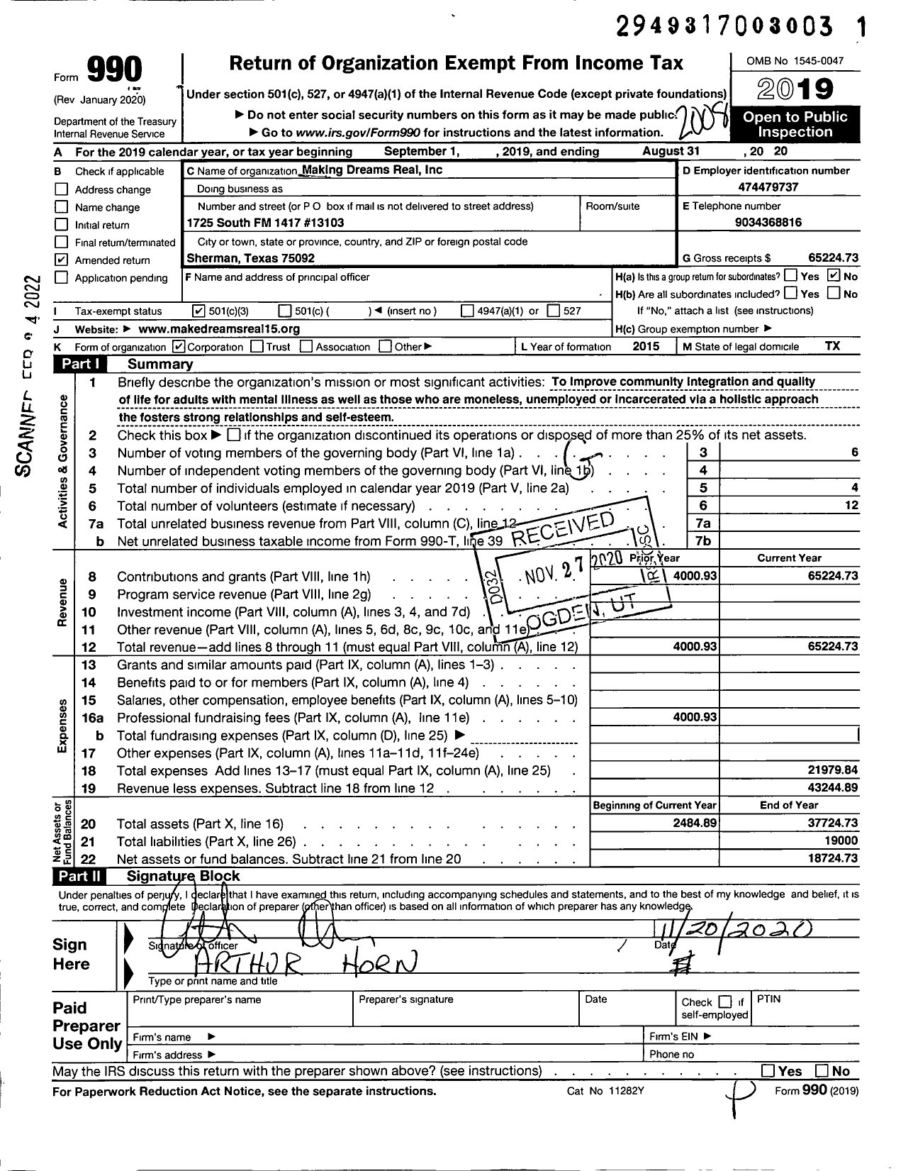 Image of first page of 2019 Form 990 for Making Dreams Real