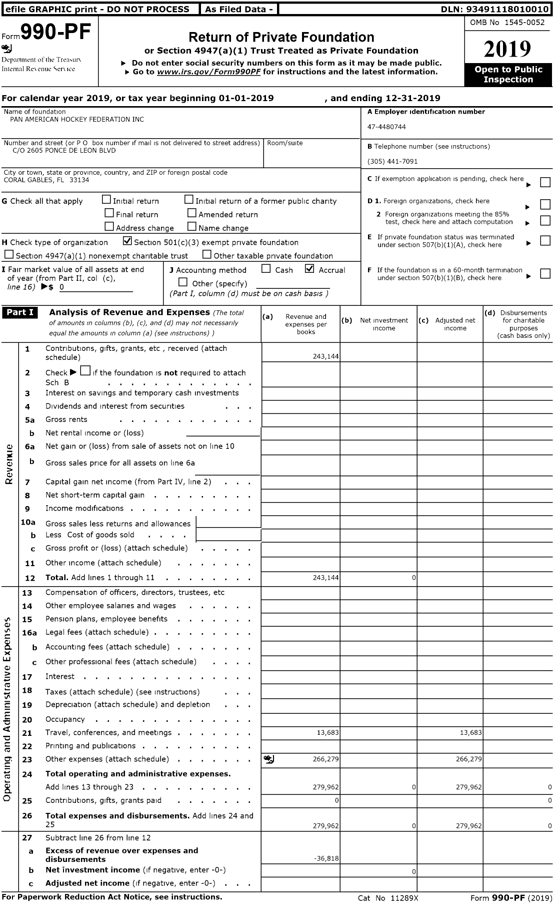 Image of first page of 2019 Form 990PR for Pan American Hockey Federation