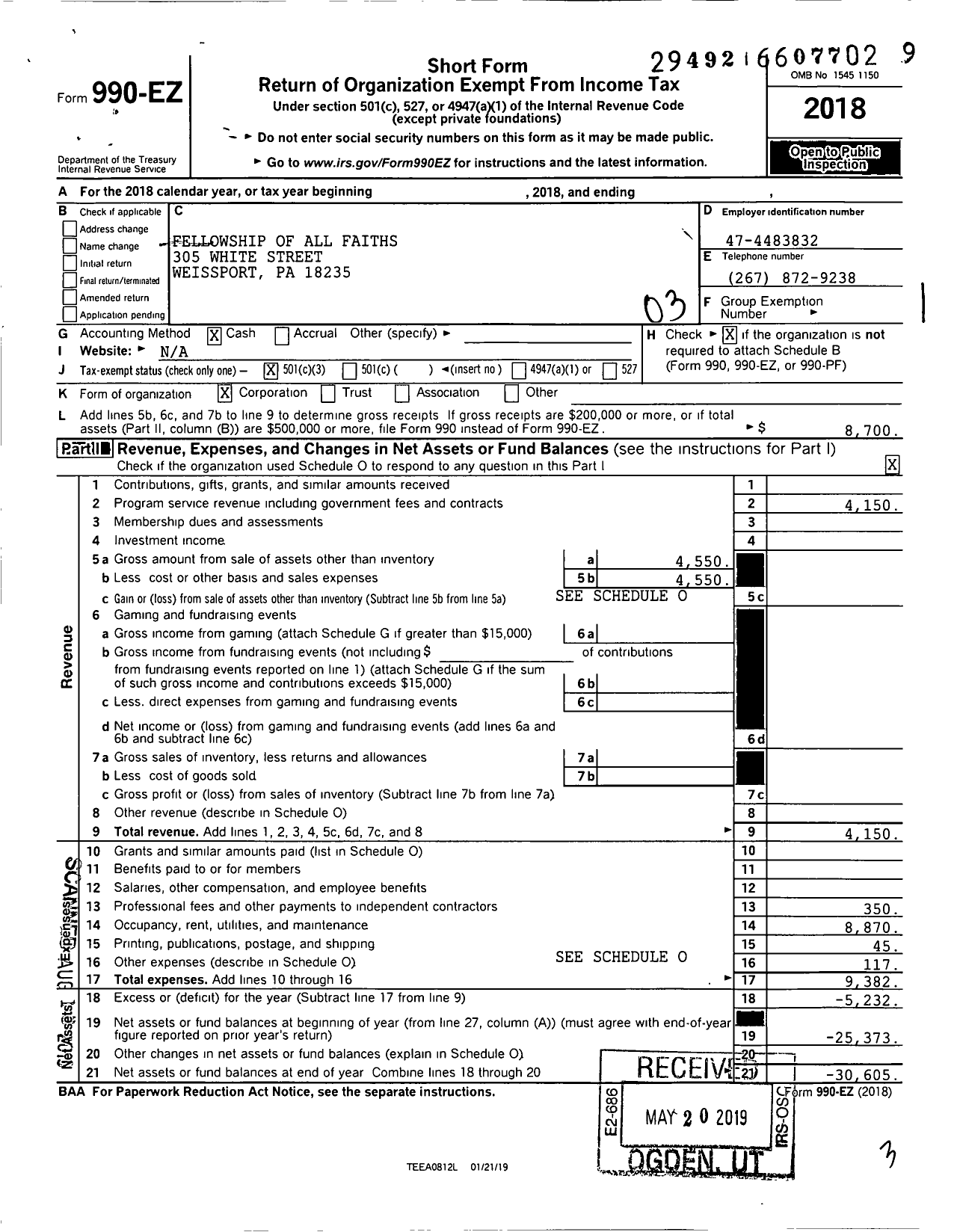 Image of first page of 2018 Form 990EZ for Fellowship of All Faiths