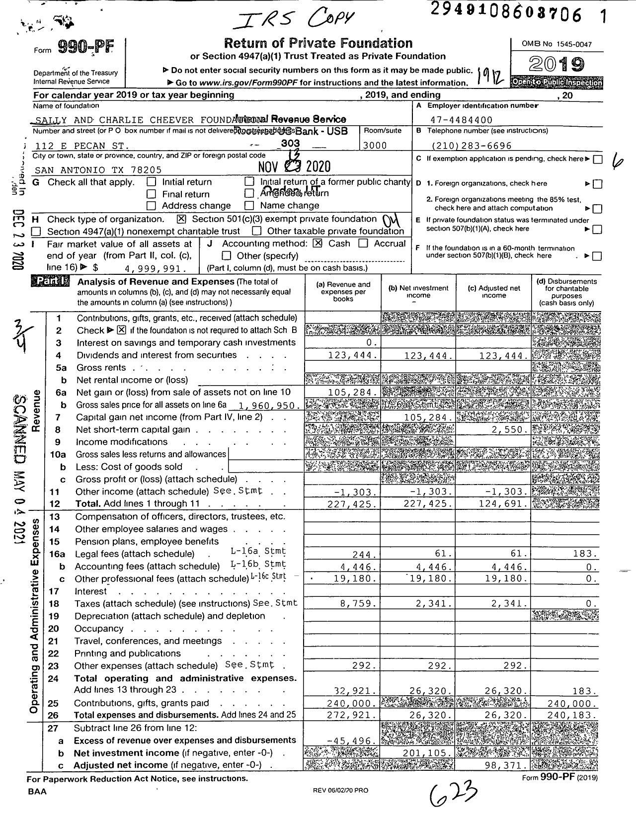 Image of first page of 2019 Form 990PF for Sally and Charlie Cheever Foundation