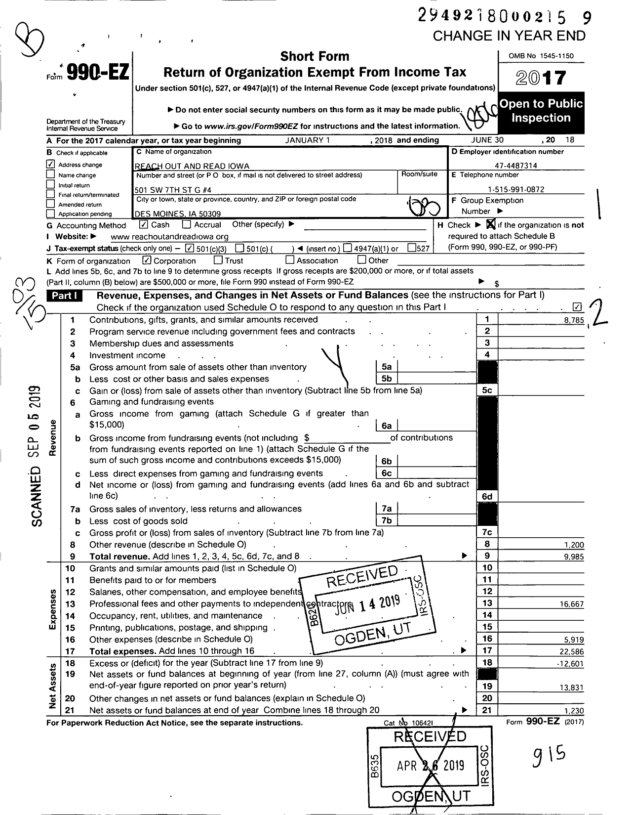 Image of first page of 2017 Form 990EZ for Reach Out and Read Iowa