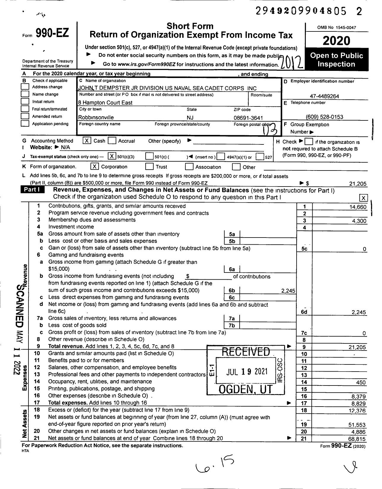 Image of first page of 2020 Form 990EZ for John T Dempster JR Division Us Naval Sea Cadet Corps