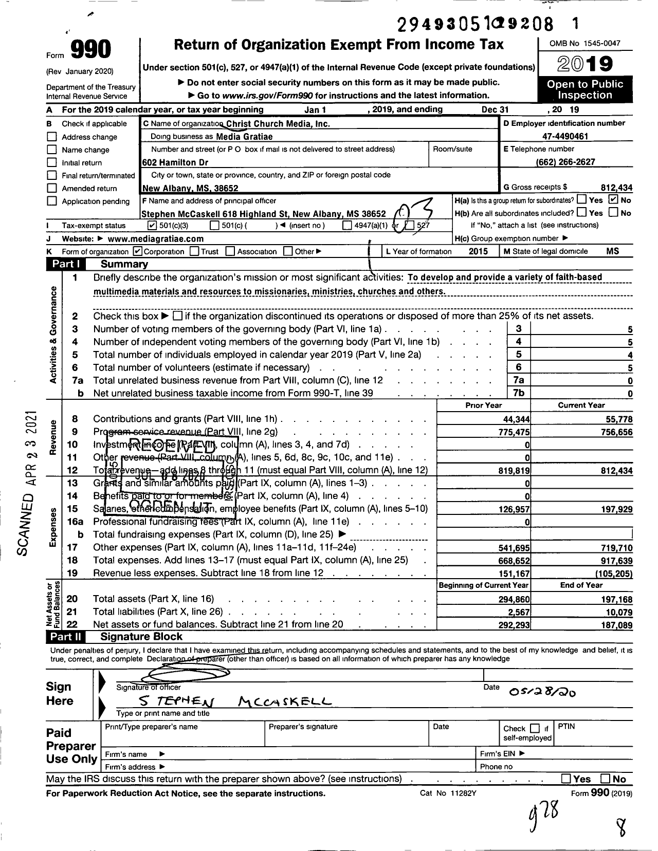 Image of first page of 2019 Form 990 for Media Gratiae