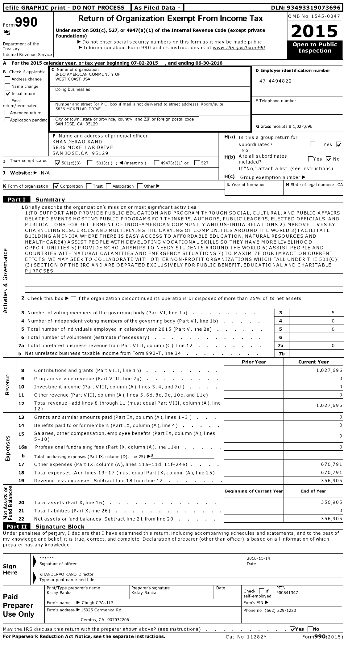 Image of first page of 2015 Form 990 for Indo American Community of West Coast USA