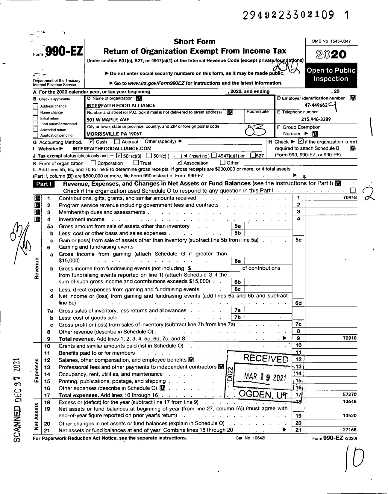 Image of first page of 2020 Form 990EZ for Interfaith Food Alliance