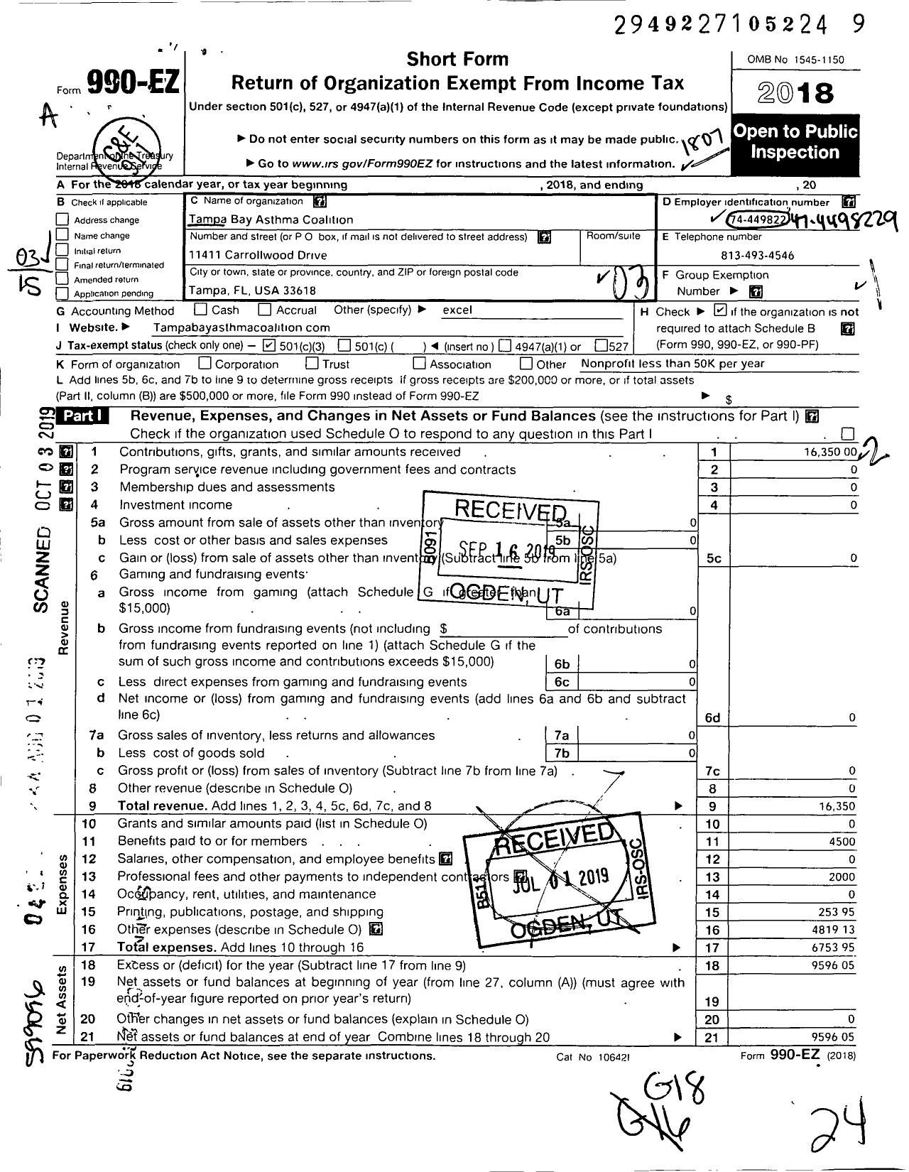 Image of first page of 2017 Form 990EZ for Tampa Bay Asthma Coalition