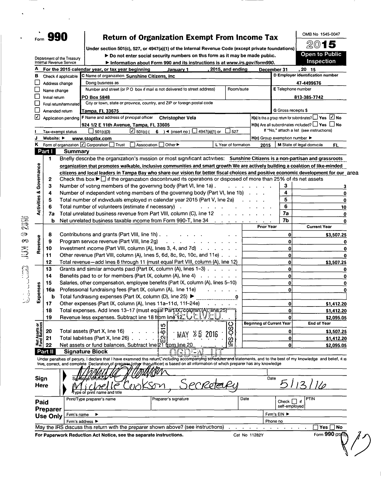 Image of first page of 2015 Form 990O for Sunshine Citizens