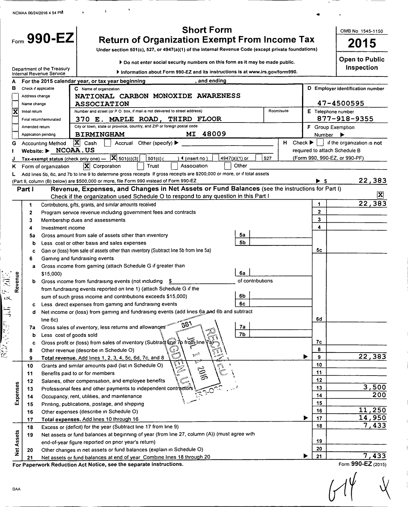 Image of first page of 2015 Form 990EZ for National Carbon Monoxide Awareness Associationn (NCOAA)