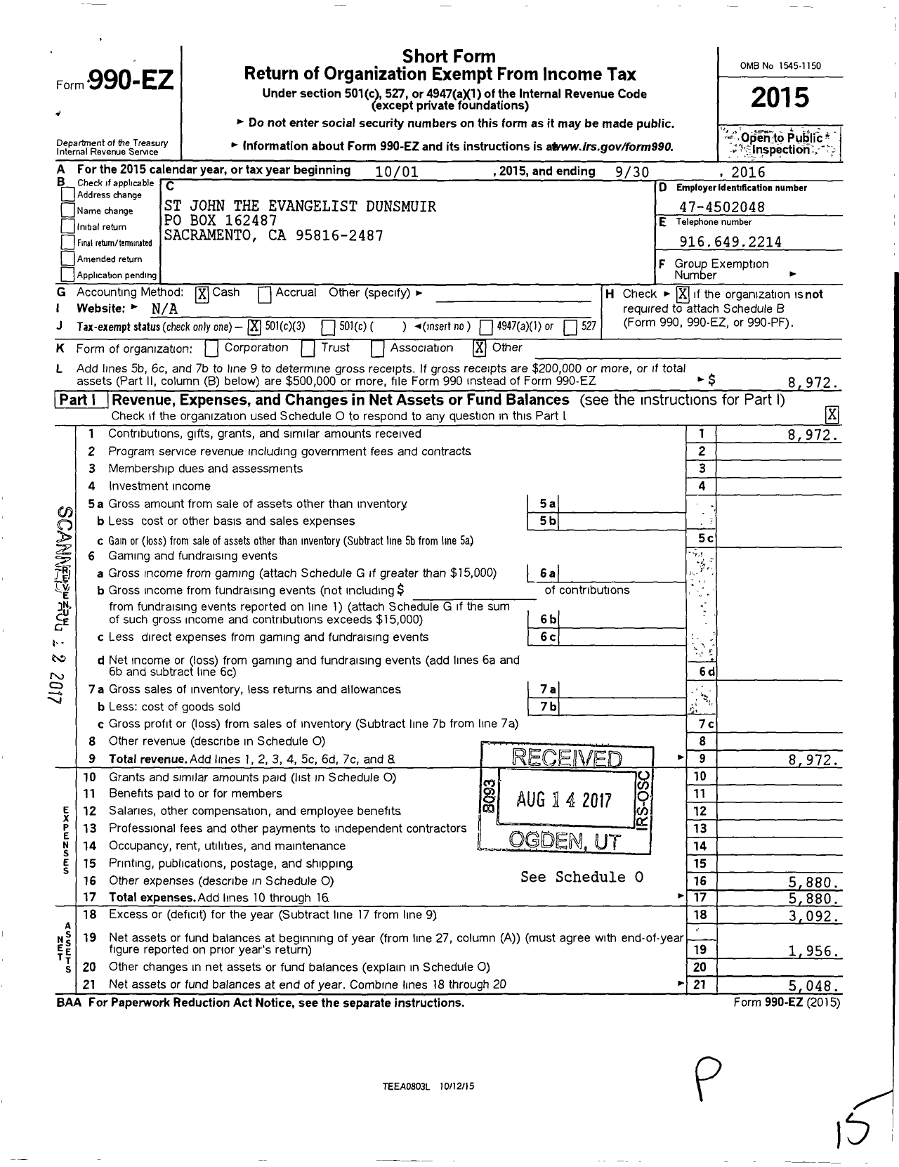 Image of first page of 2015 Form 990EZ for St John the Evangelist Dunsmuir