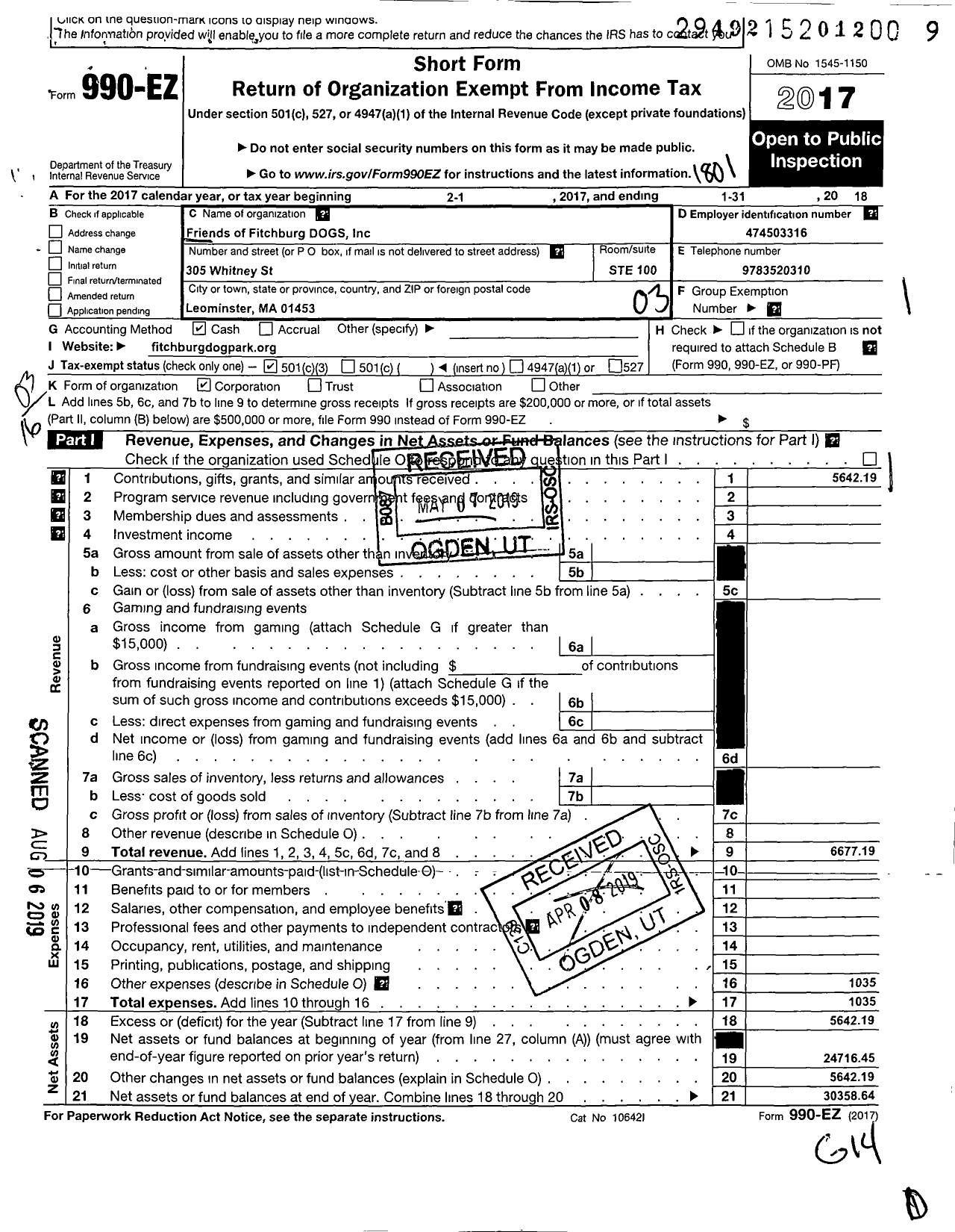 Image of first page of 2017 Form 990EZ for Friends of Fitchburg Dogs