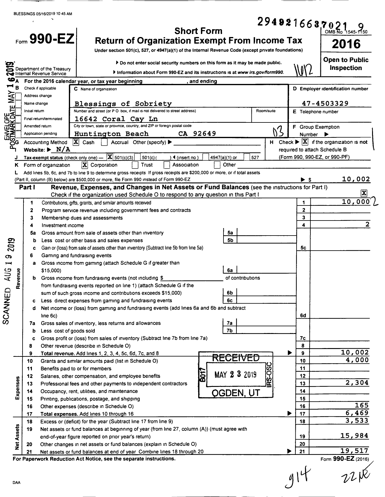 Image of first page of 2016 Form 990EZ for Blessings of Sobriety