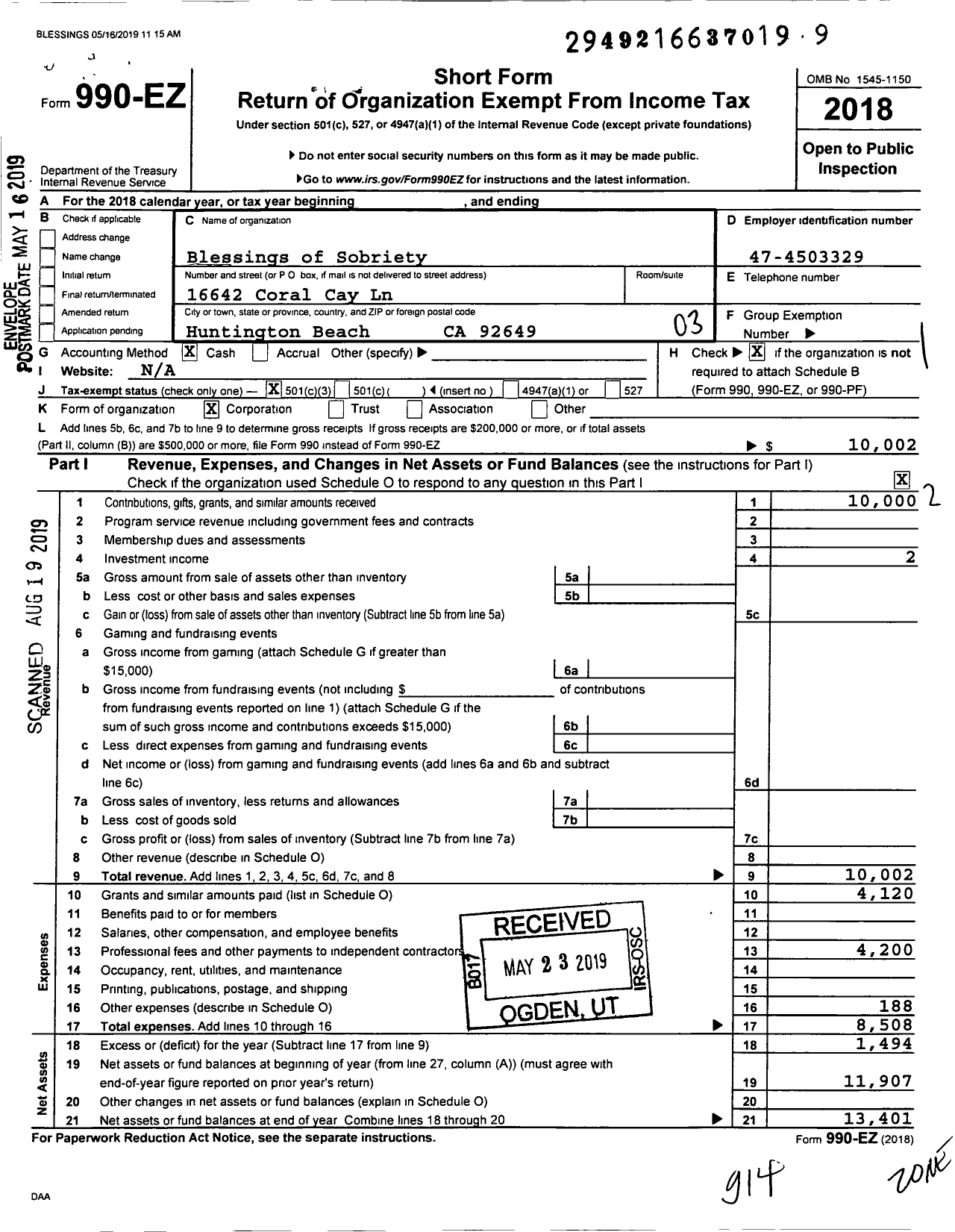 Image of first page of 2018 Form 990EZ for Blessings of Sobriety