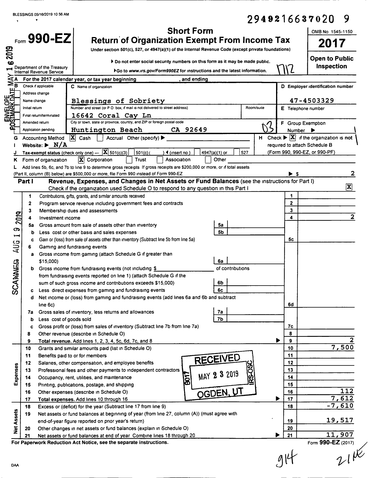 Image of first page of 2017 Form 990EZ for Blessings of Sobriety