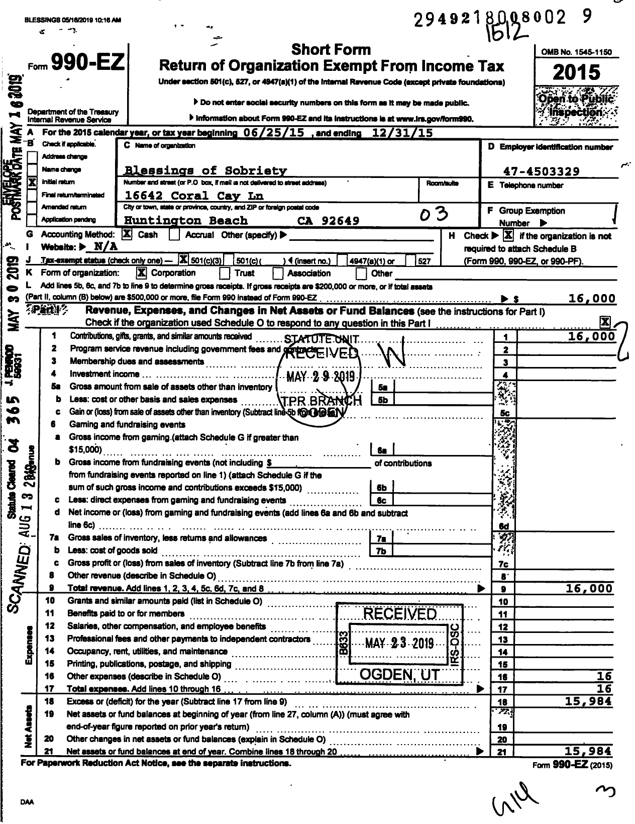 Image of first page of 2015 Form 990EZ for Blessings of Sobriety