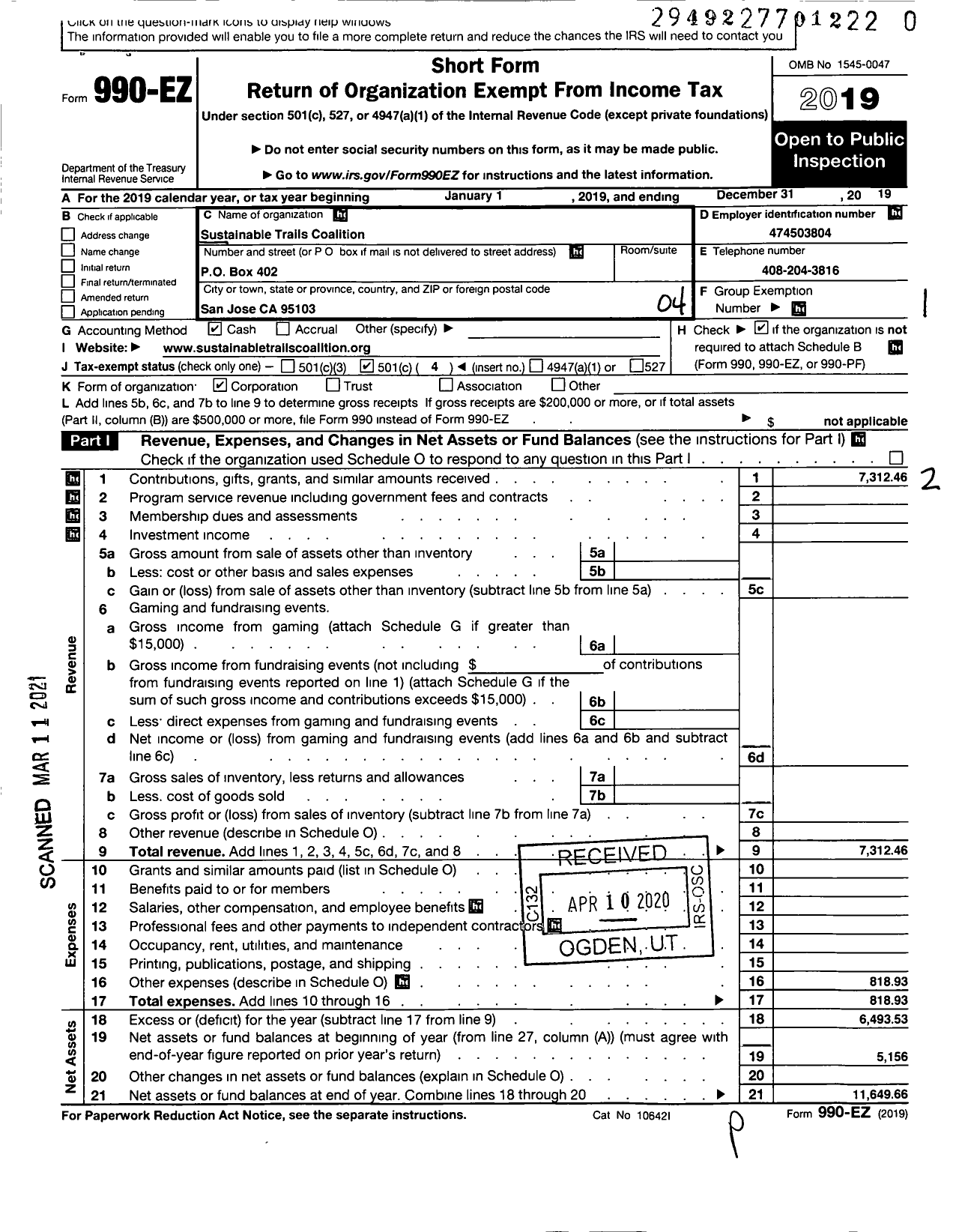 Image of first page of 2019 Form 990EO for Sustainable Trails Coalition