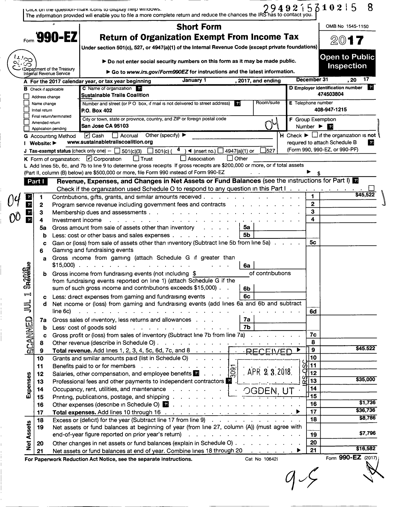 Image of first page of 2017 Form 990EO for Sustainable Trails Coalition