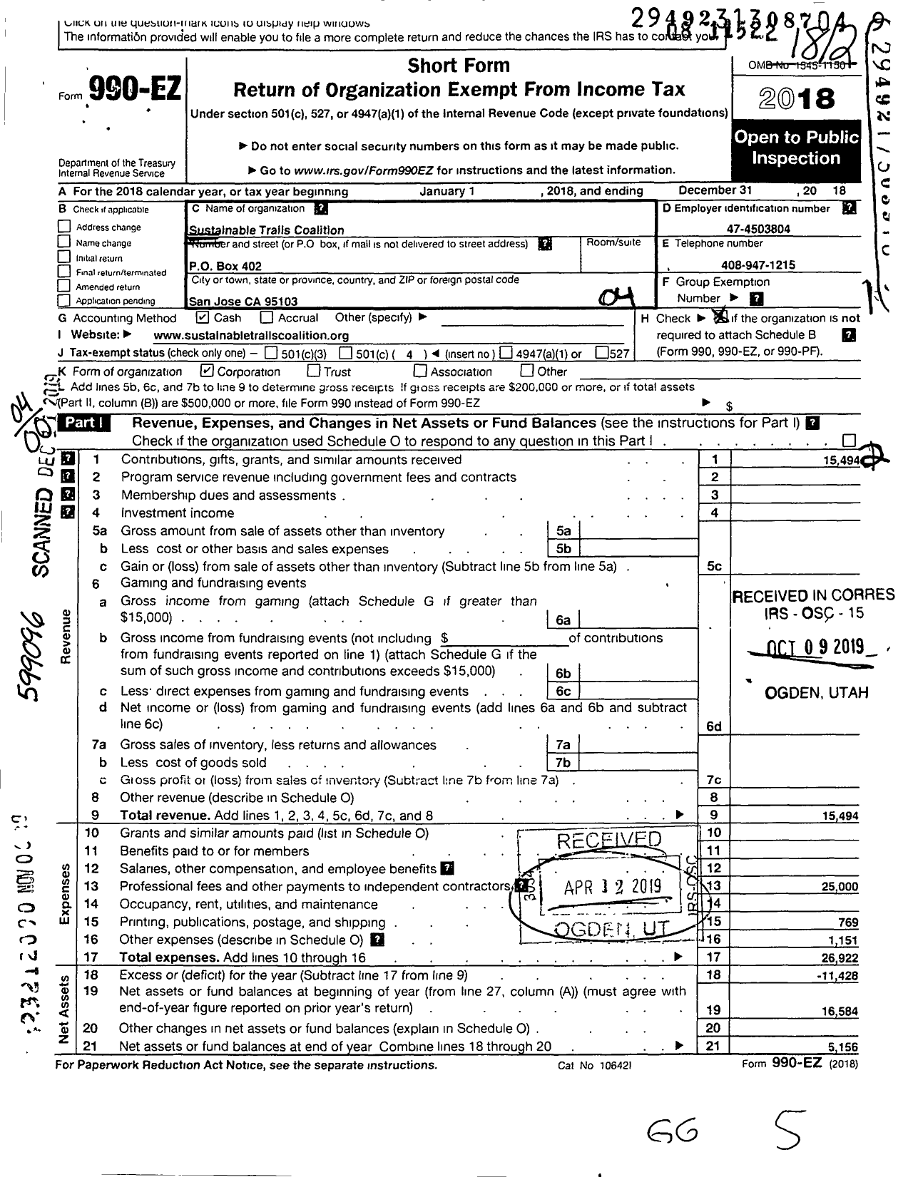 Image of first page of 2018 Form 990EO for Sustainable Trails Coalition