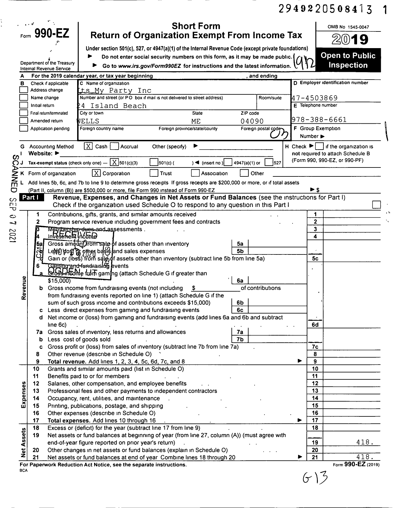 Image of first page of 2019 Form 990EZ for Its My Party