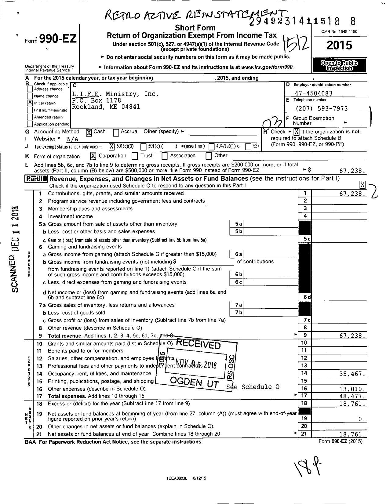 Image of first page of 2015 Form 990EZ for Life Church