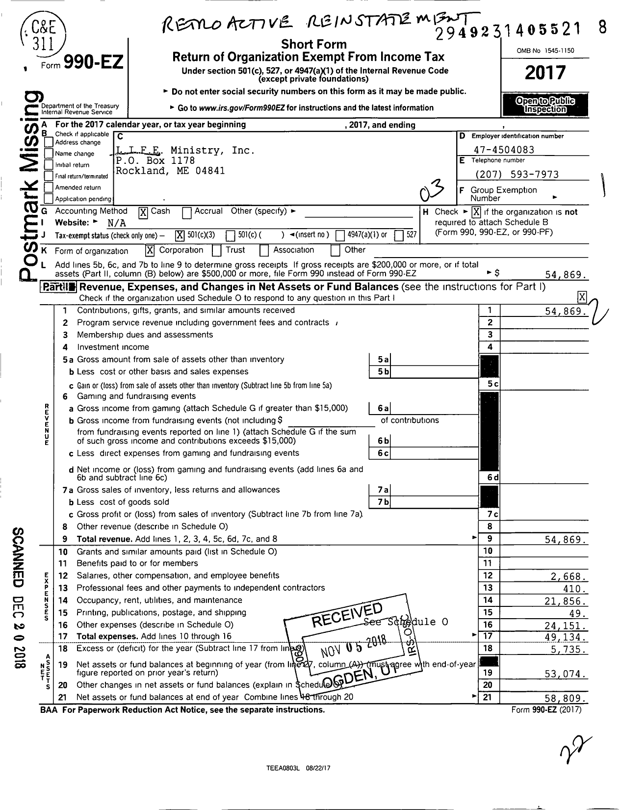 Image of first page of 2017 Form 990EZ for Life Church