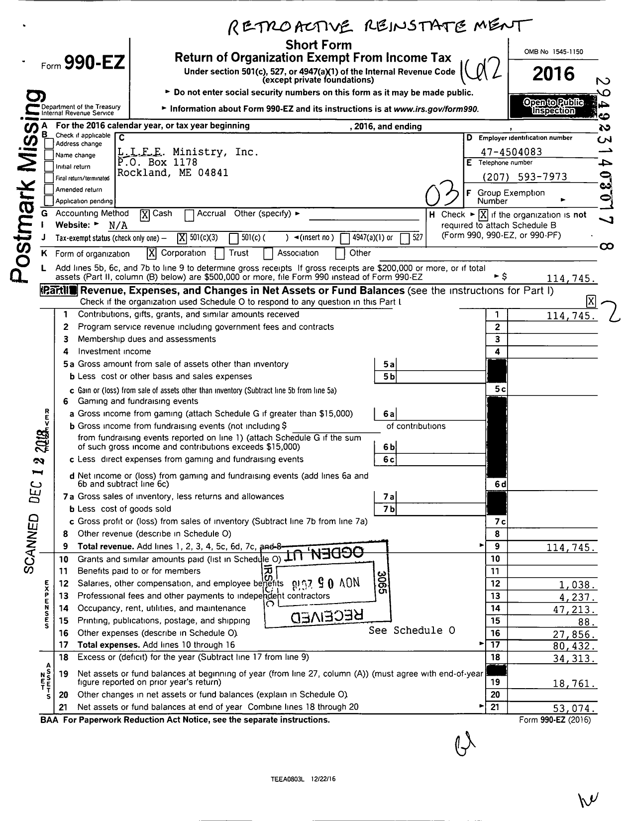 Image of first page of 2016 Form 990EZ for Life Church