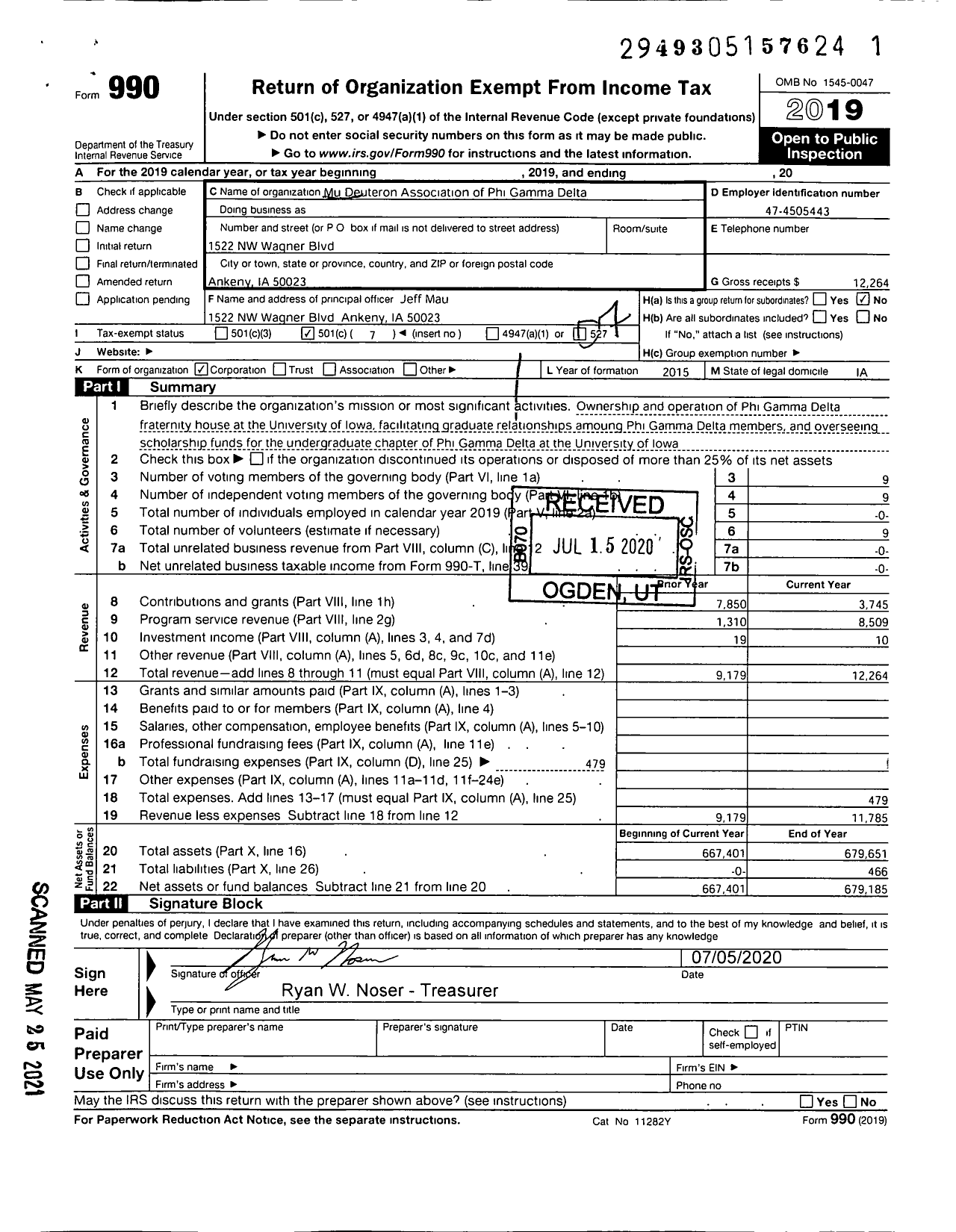 Image of first page of 2019 Form 990O for Mu Deuteron Association of Phi Gamma Delta