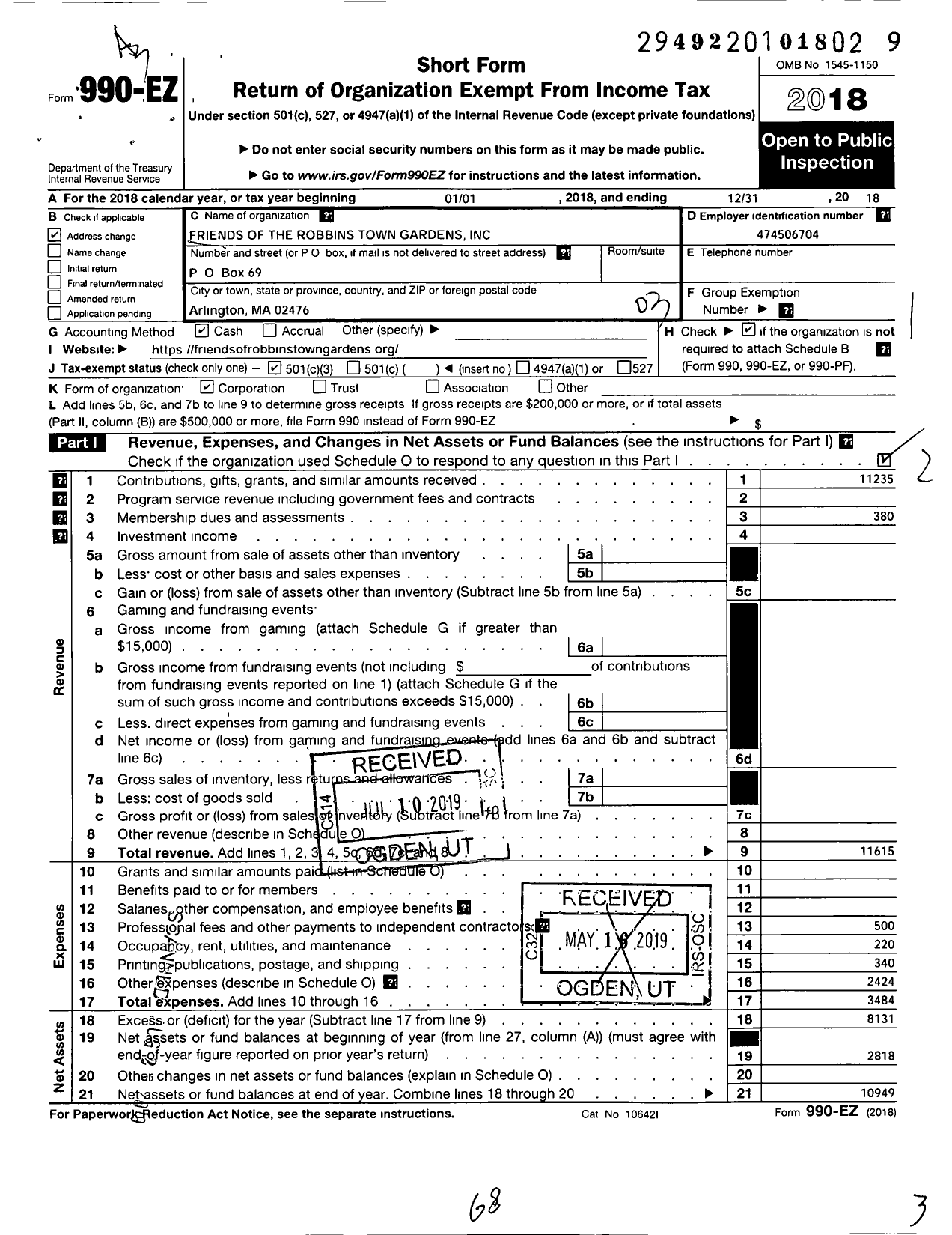 Image of first page of 2018 Form 990EZ for Friends of the Robbins Town Gardens
