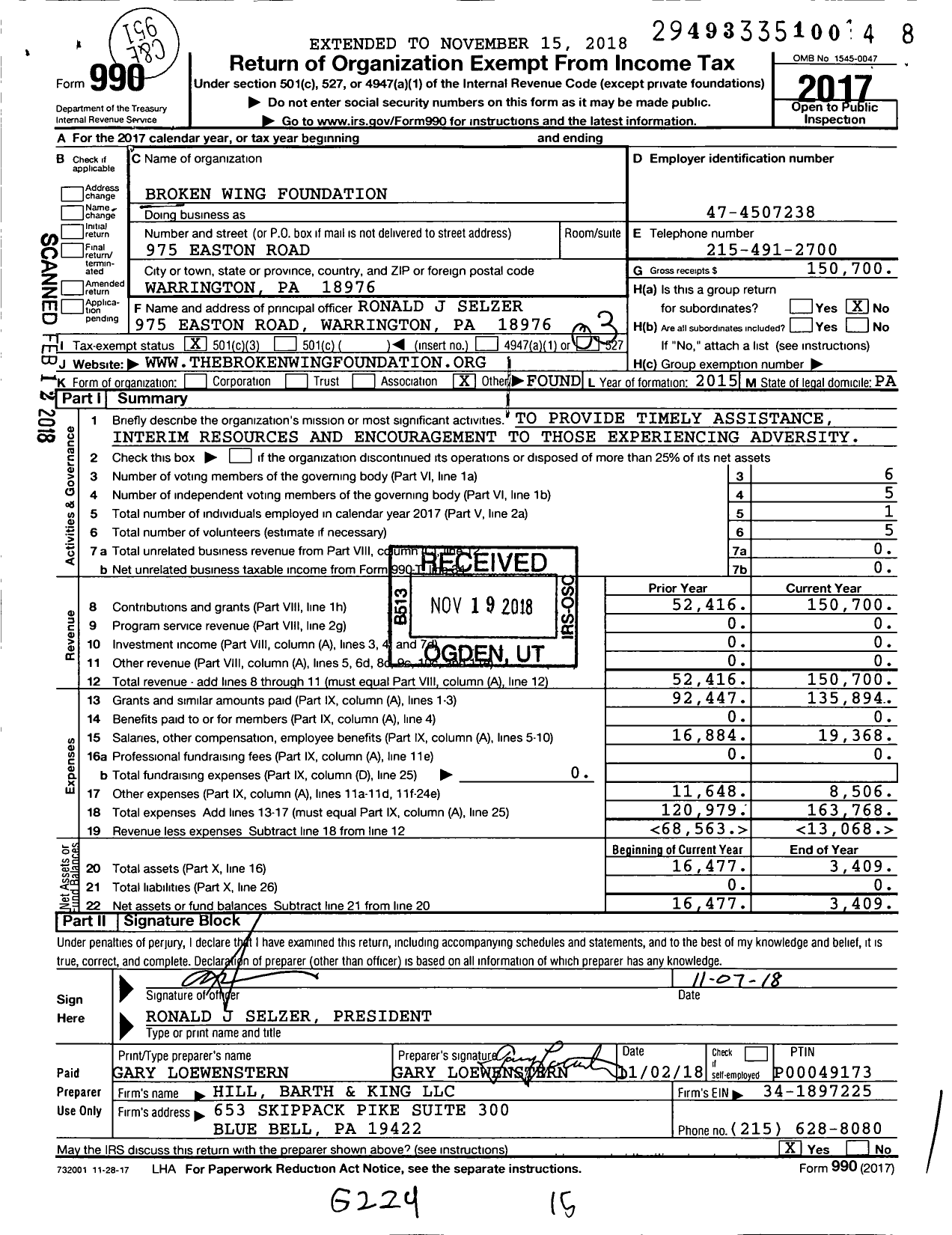 Image of first page of 2017 Form 990 for Broken Wing Foundation