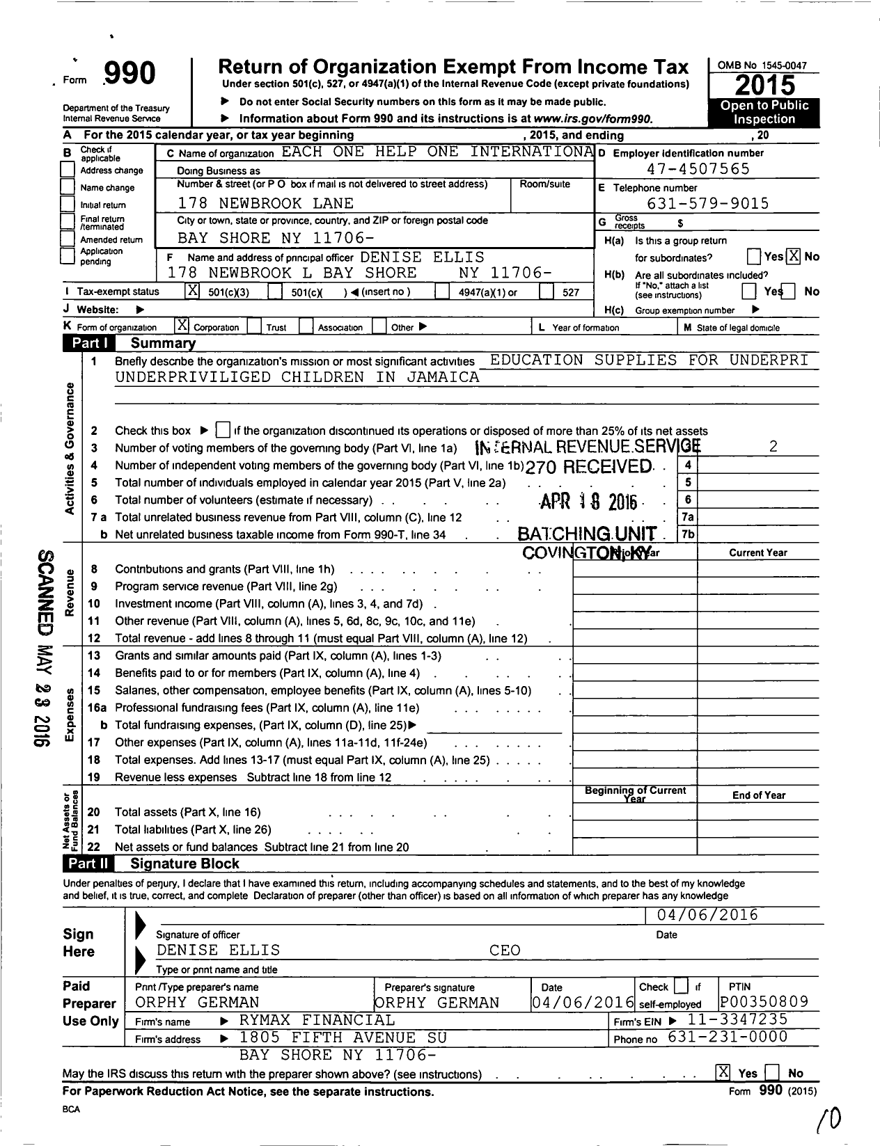 Image of first page of 2015 Form 990 for Each One Help One Internationa