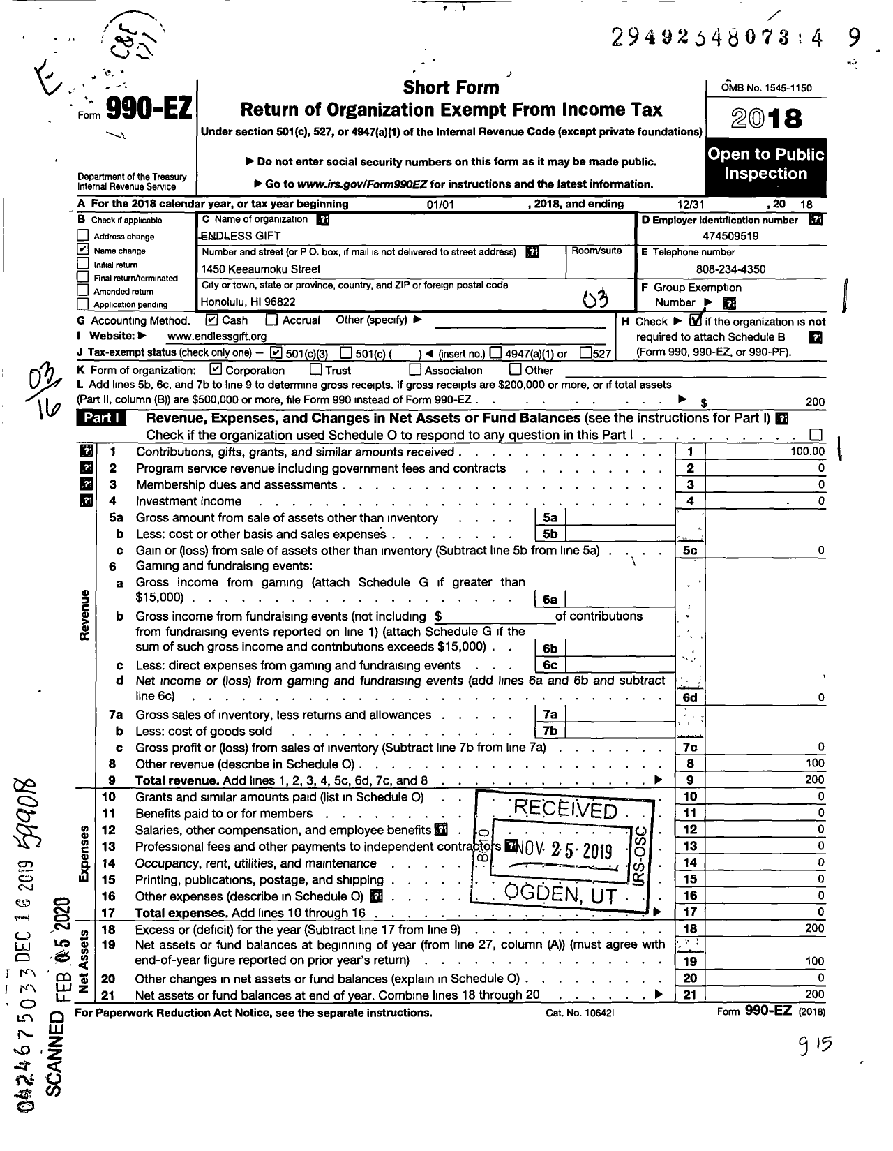 Image of first page of 2018 Form 990EZ for Endless Gift