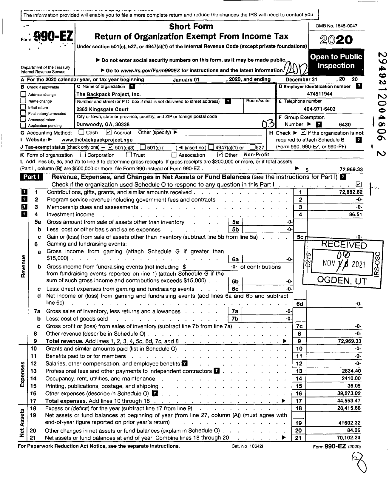 Image of first page of 2020 Form 990EZ for Backpack Project