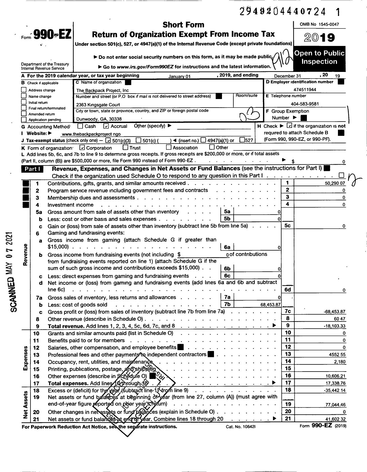 Image of first page of 2019 Form 990EZ for Backpack Project