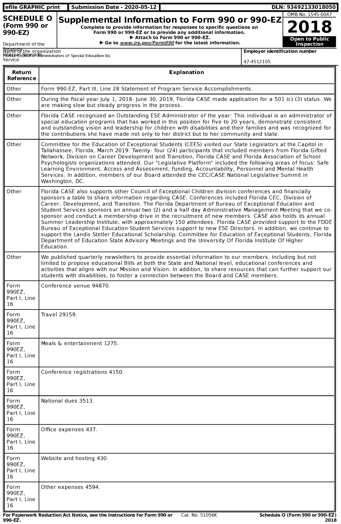 Image of first page of 2018 Form 990EZ for Florida Council of Administrators of Special Education