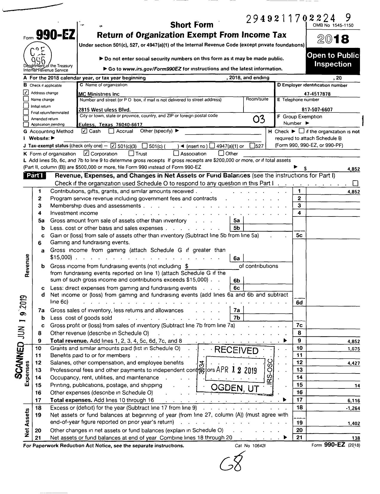 Image of first page of 2018 Form 990EZ for MC Ministries