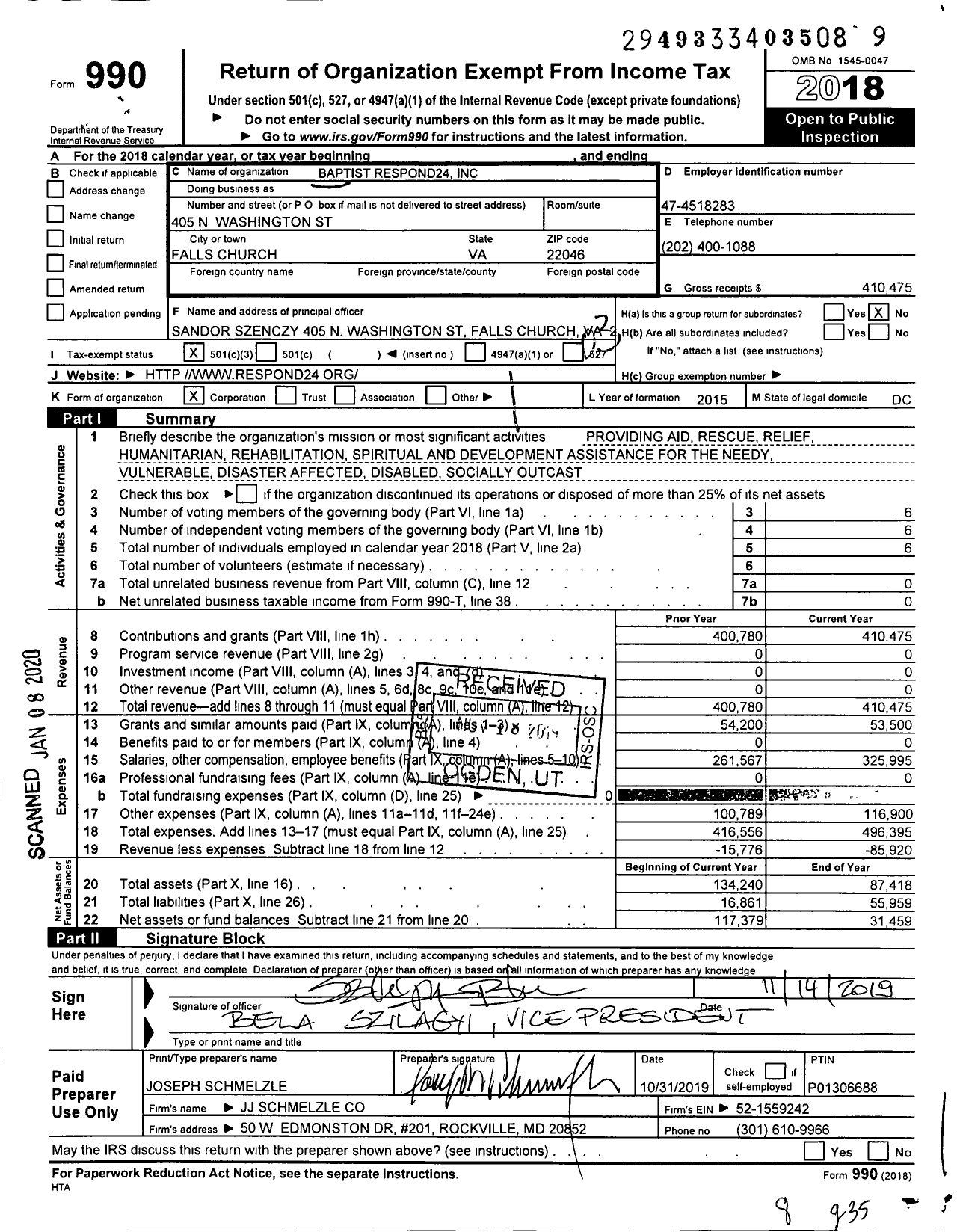 Image of first page of 2018 Form 990 for Baptist Respond24