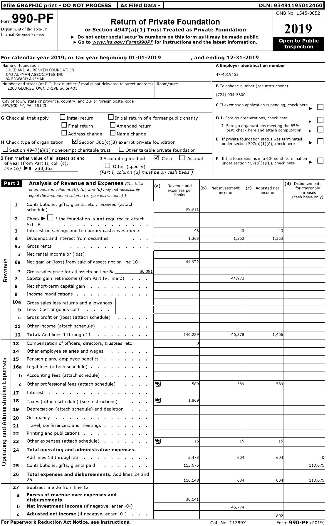 Image of first page of 2019 Form 990PR for Julie and Al Renken Foundation