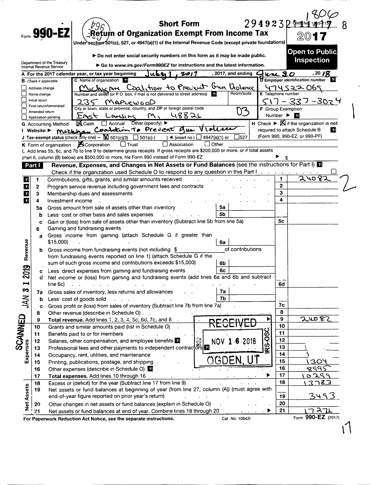 Image of first page of 2017 Form 990EZ for Michigan Coalition To Prevent Gun Violence