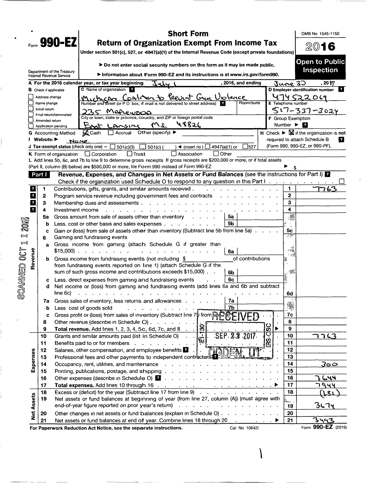 Image of first page of 2016 Form 990EO for Michigan Coalition To Prevent Gun Violence