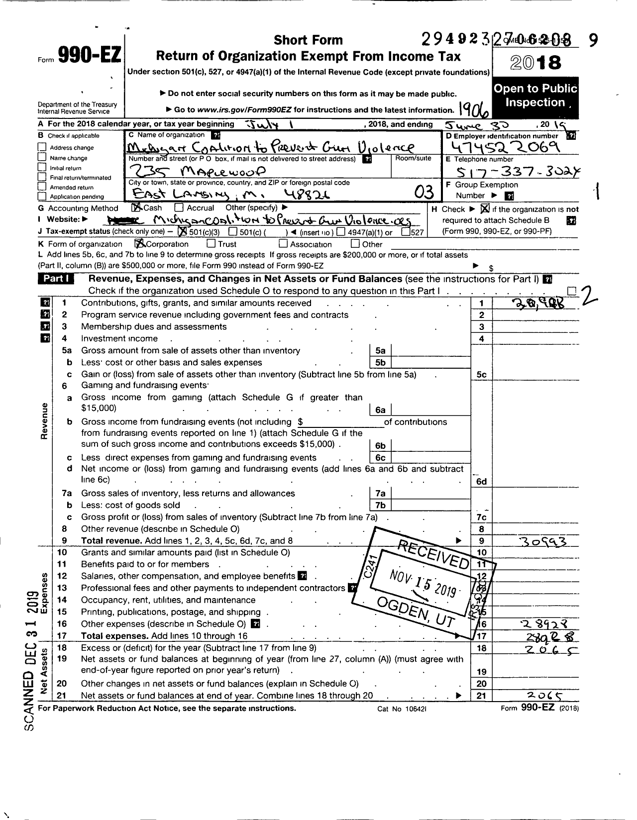 Image of first page of 2018 Form 990EZ for Michigan Coalition To Prevent Gun Violence