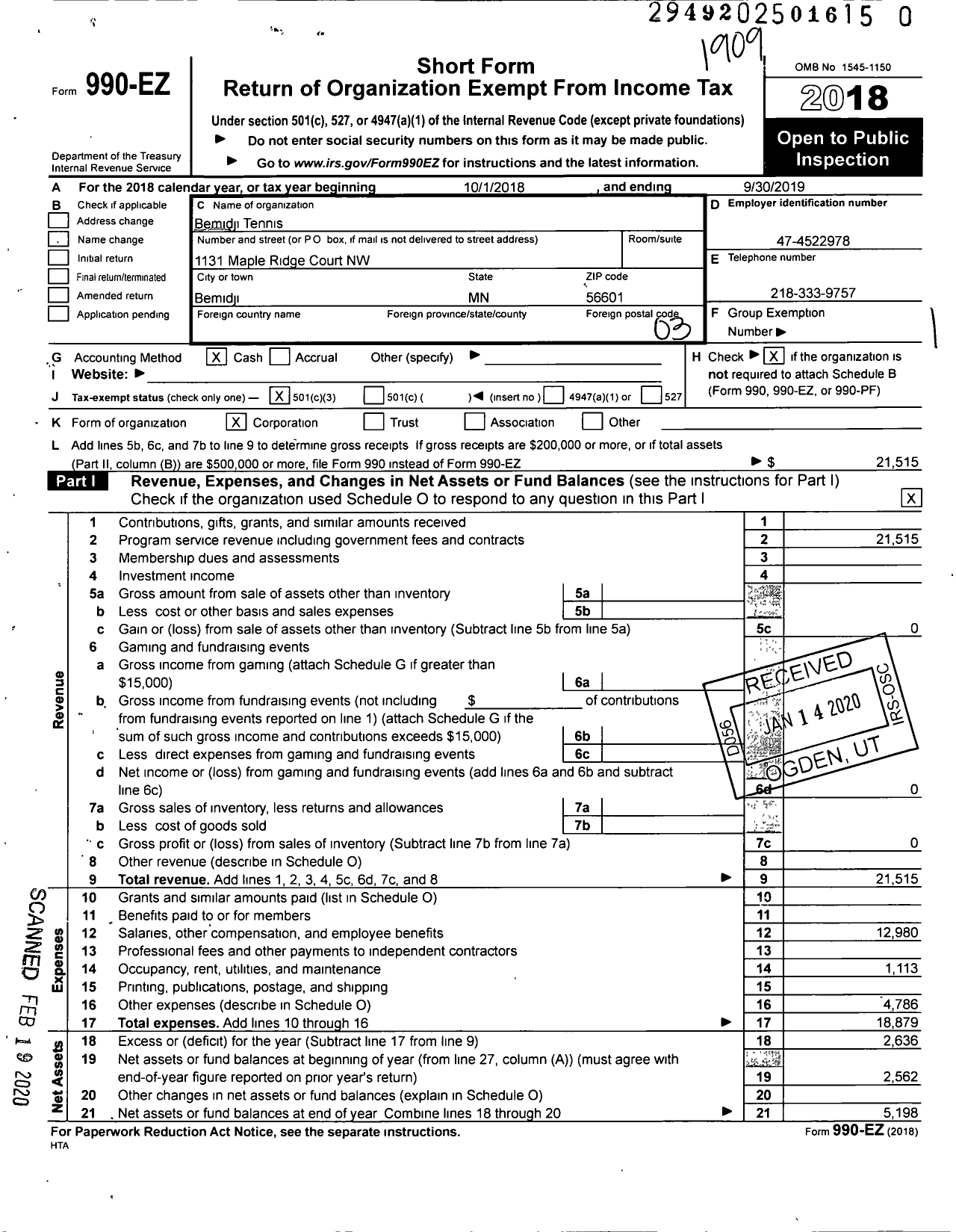 Image of first page of 2018 Form 990EZ for Bemidji Tennis