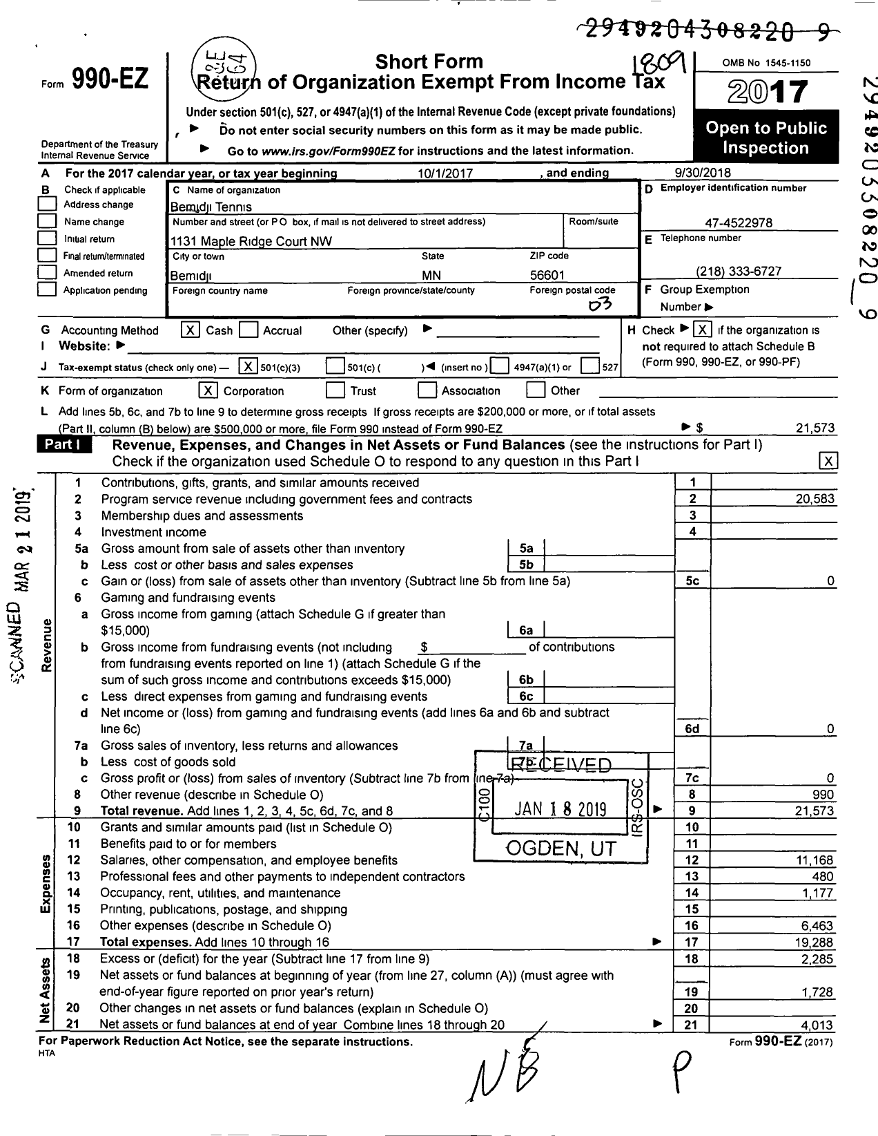 Image of first page of 2017 Form 990EZ for Bemidji Tennis