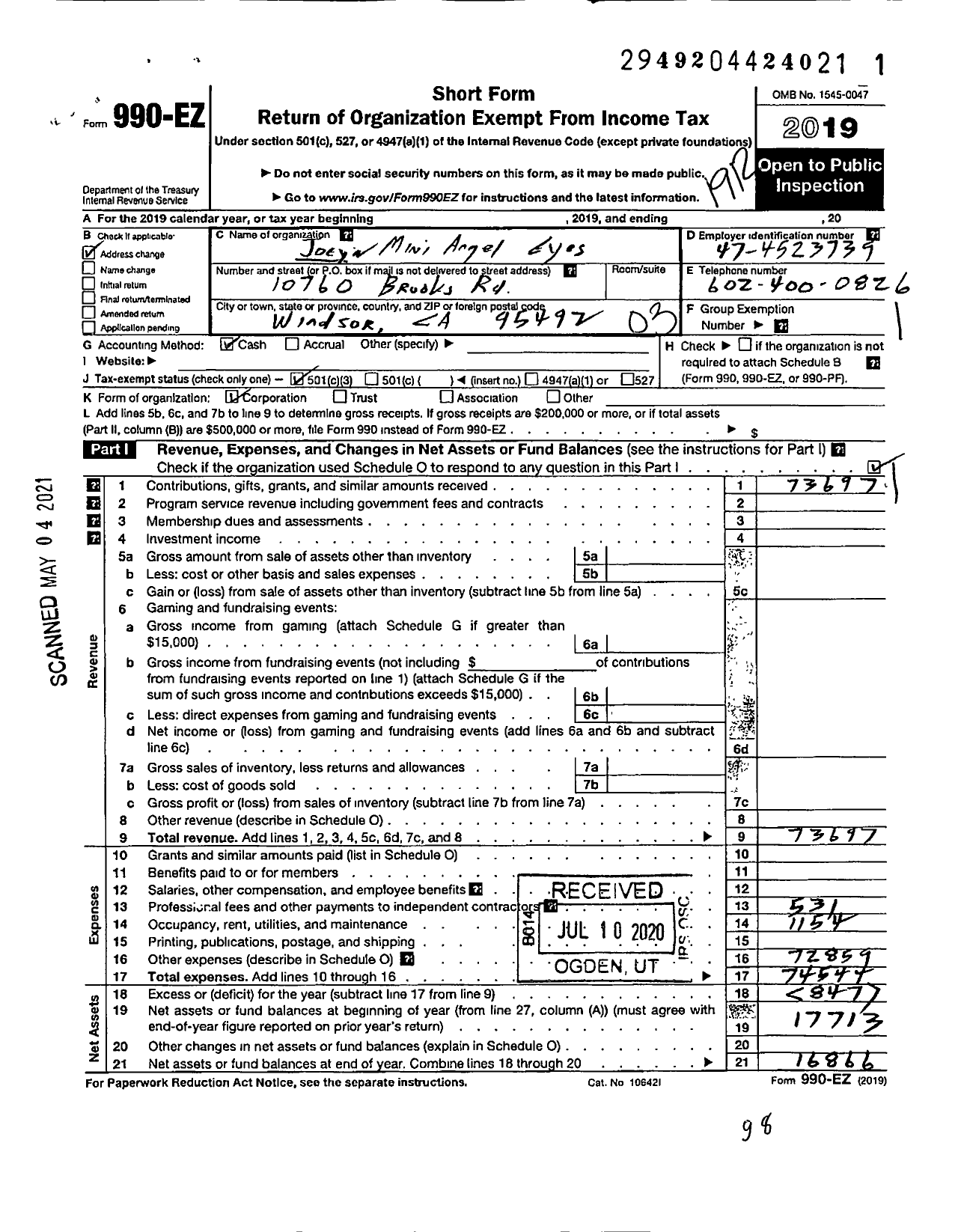 Image of first page of 2019 Form 990EZ for Joey S Mini Angel Eyes